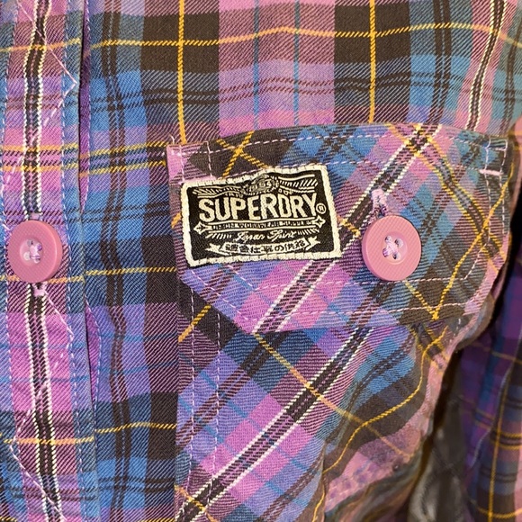 SOLD! SuperDry Co Purple & Blue Plaid Checkered Button Shirt w/Roll-Up Sleeves - Picture 2 of 11